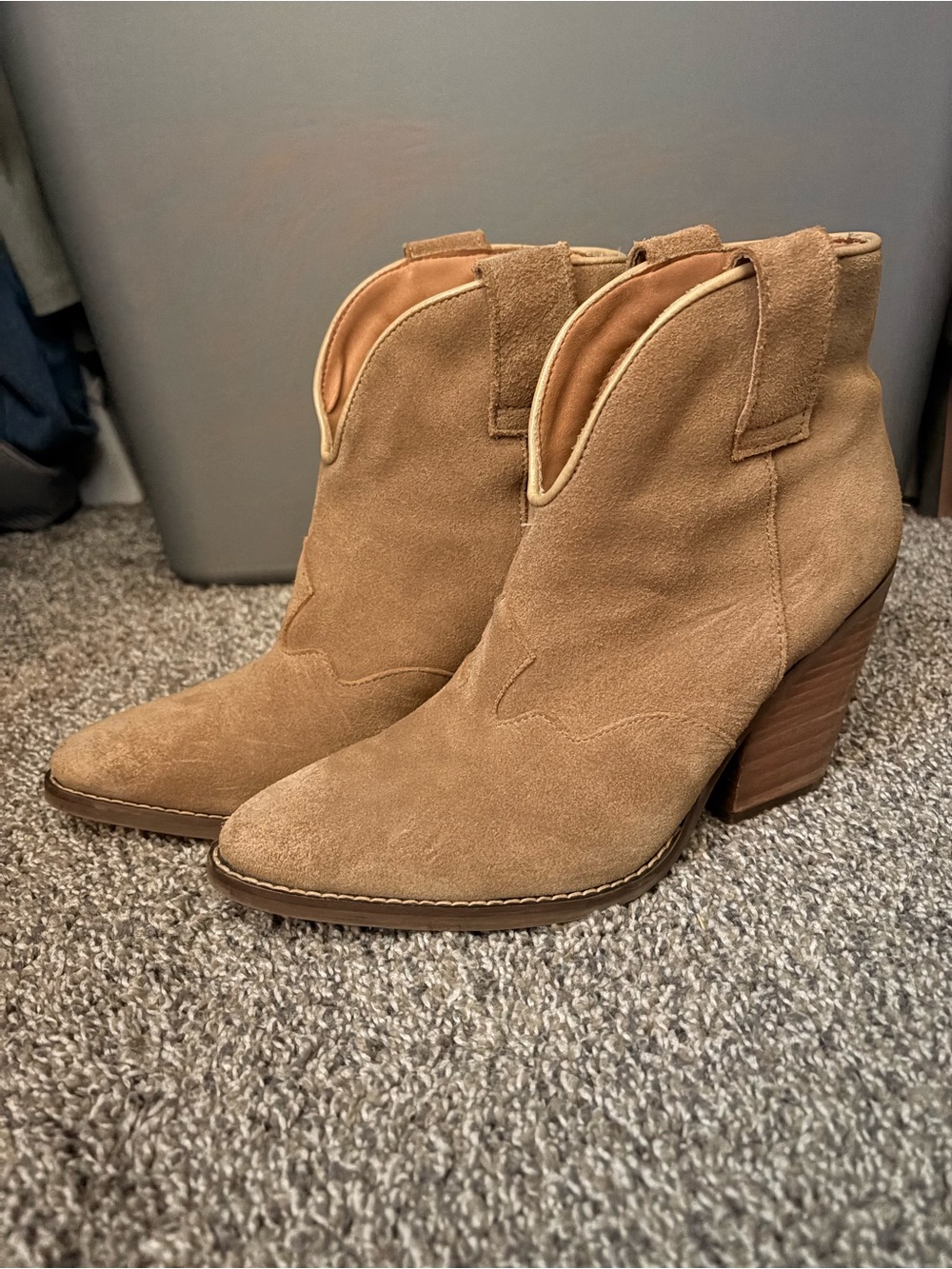 dingo Tan Suede Western Ankle Booties with Stacked Heel